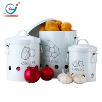 Metal kitchen Food Storage Crocks Potatoes Onions Garlic Containers Bin 3 Pack Set, With Aerating Tin Storage Holes & Metal Lid