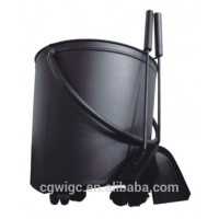 black metal ash bucket with brush and shovel